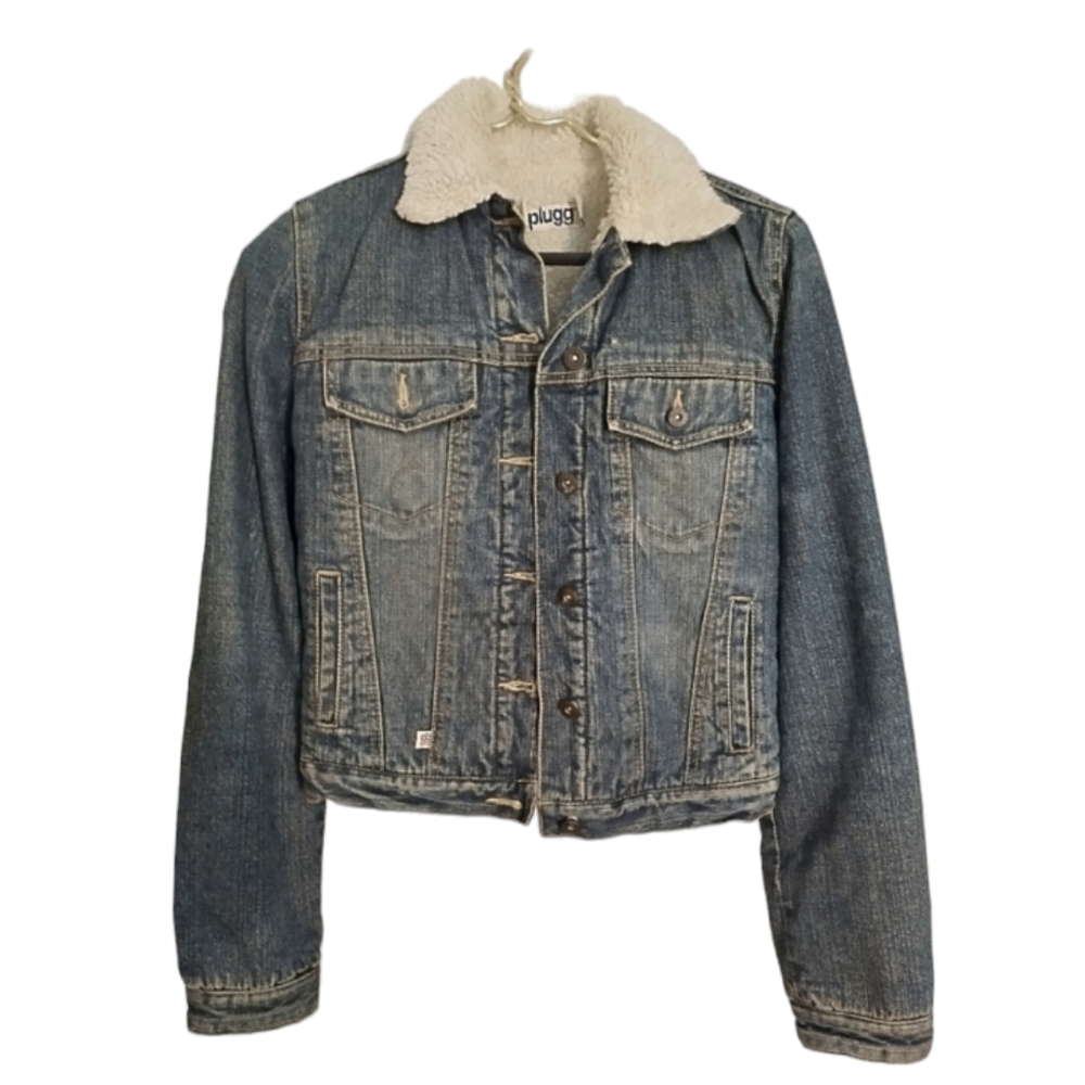 Plugg Jean jacket faux fur collar women's small good condition